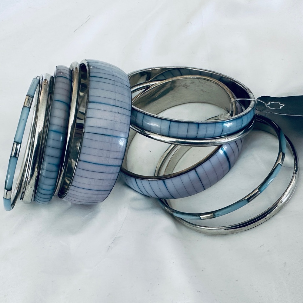 Lane Bryant Qty 10 Silver Tone Blue stackable bracelets Bangles Inlay India NWT